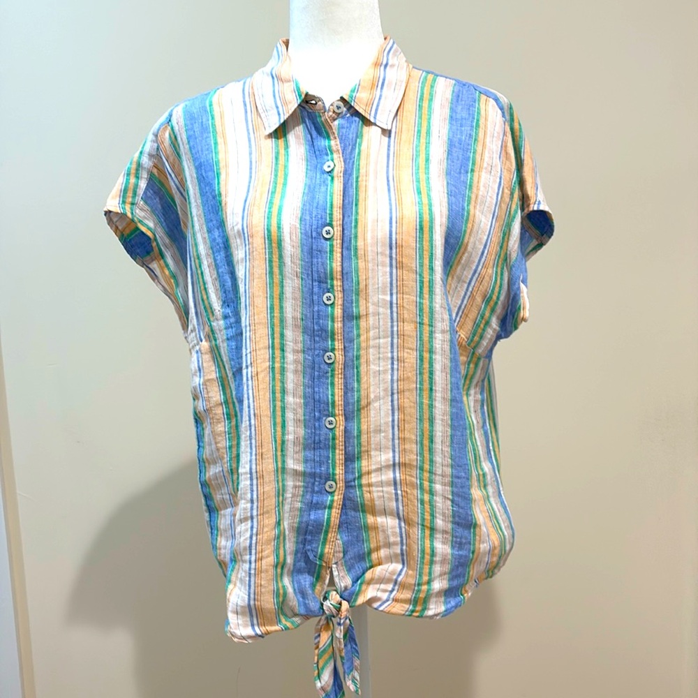 Talbots Striped Linen Tie-Front Blouse